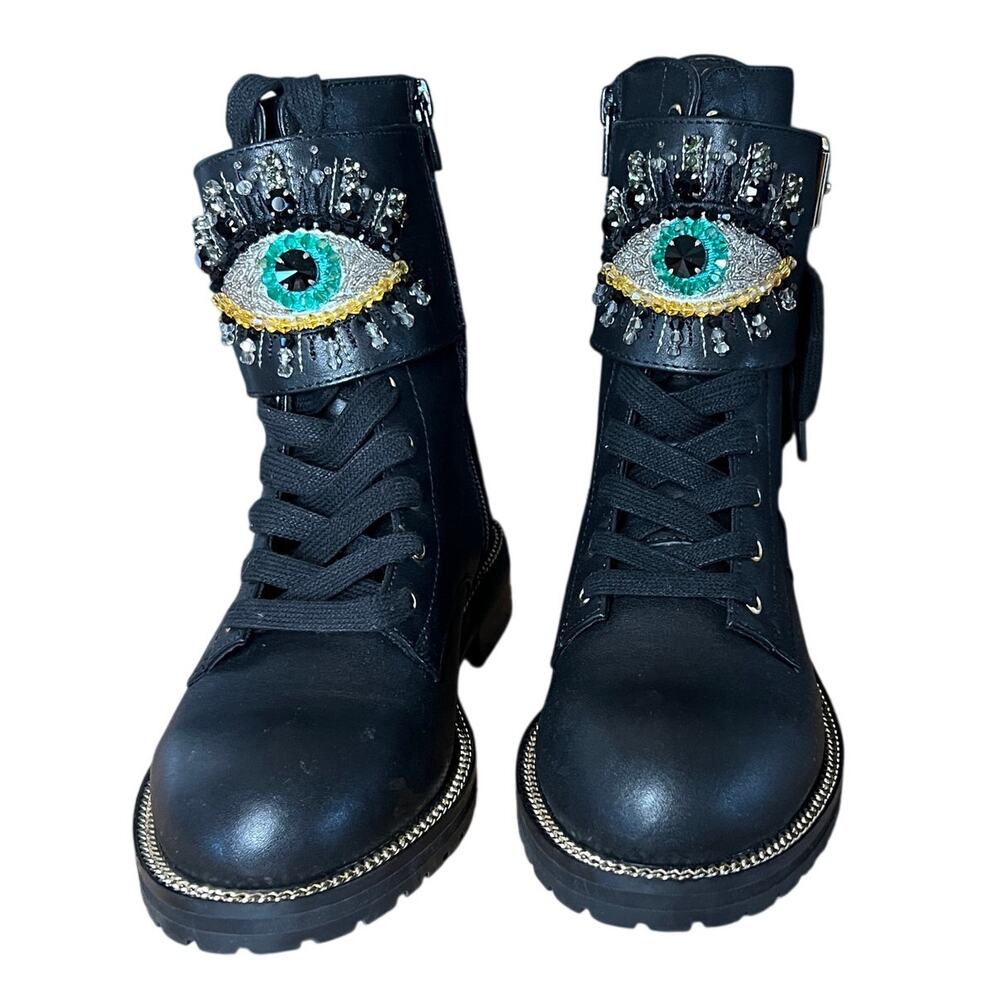 Kurt Geiger Black Leather Jeweled Sutton Eye Combat Boot Womens 35 EU